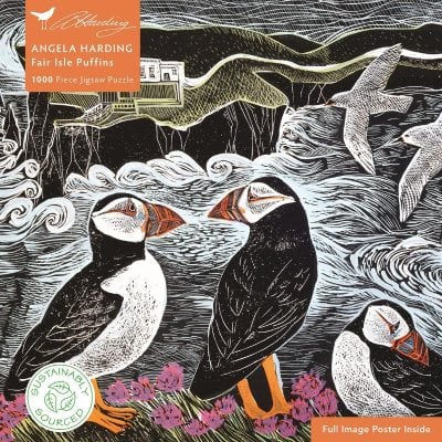 Adult Sustainable Jigsaw Puzzle Angela Harding: Fair Isle Puffins: 1000-pieces. Ethical, Sustainable, Earth-friendly - 1000-piece Sustainable Jigsaws (Jigsaw) Flame Tree Studio 9781835625309 book cover